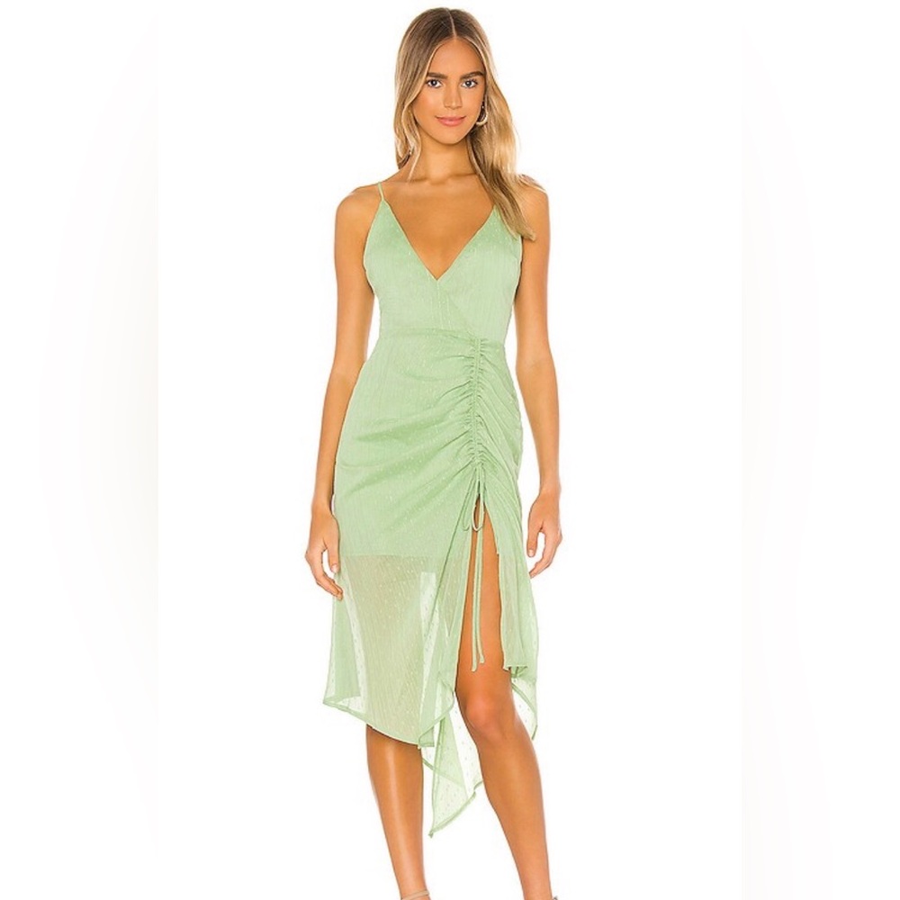 NBD Sage Pistachio Green High-Low Ruched V-Neck Midi Dress